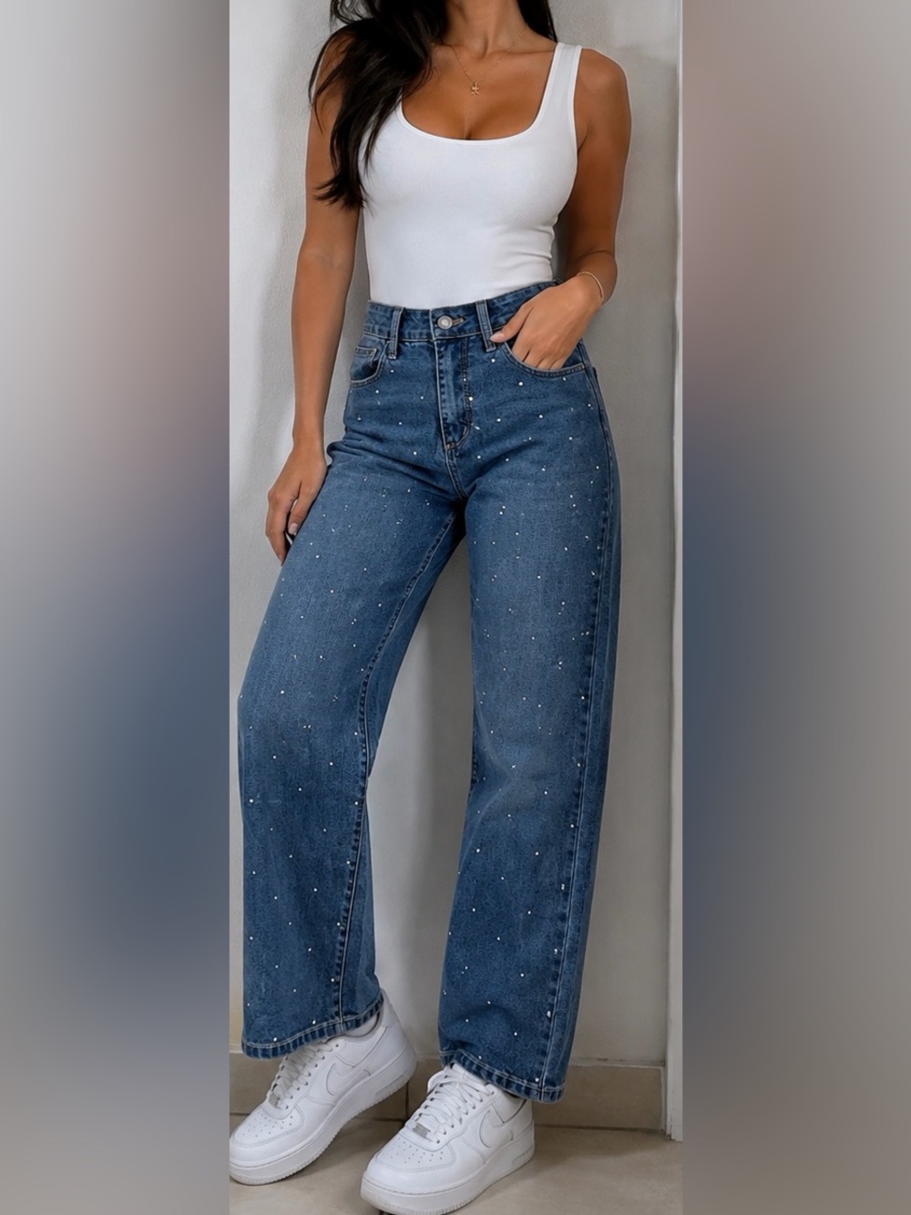 Express Dark Blue Wide-Leg High-Rise Jeans with Silver Studs